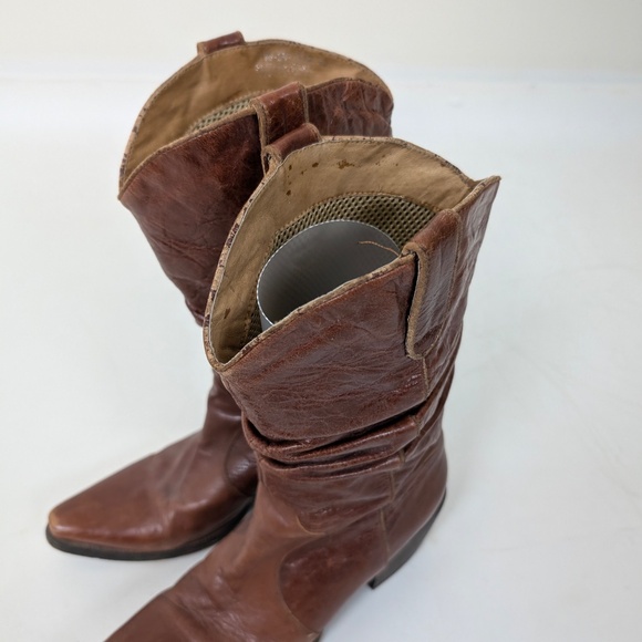 Brown Leather Cowgirl Cowboy Boots Mesh Lining Heeled Slouchy - Picture 3 of 12